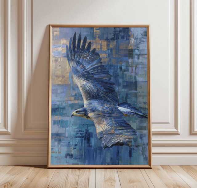Blue Hawk Poster, Abstract Bird Of Prey Wall Art, Flying Painting Print, Modern & Gold Wildlife Decor, Soaring Raptor Poster - image 1
