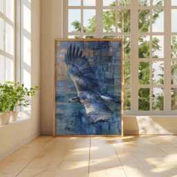 Blue Hawk Poster, Abstract Bird Of Prey Wall Art, Flying Painting Print, Modern & Gold Wildlife Decor, Soaring Raptor Poster - thumbnail 3