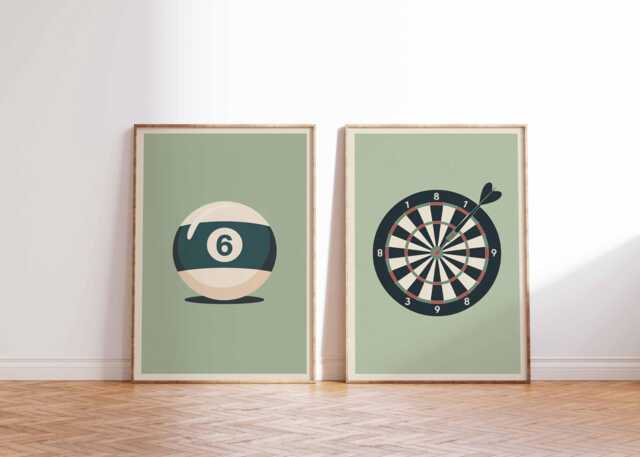Game Room Wall Art Poster Set Of 2, Pool Ball & Dartboard Prints, Retro Mid Century Modern Bar Decor, Vintage Casino Style Posters - image 1