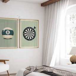 Game Room Wall Art Poster Set Of 2, Pool Ball & Dartboard Prints, Retro Mid Century Modern Bar Decor, Vintage Casino Style Posters - thumbnail 3