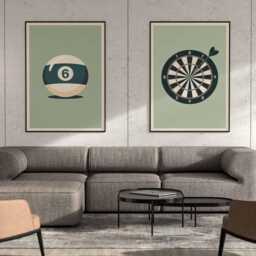 Game Room Wall Art Poster Set Of 2, Pool Ball & Dartboard Prints, Retro Mid Century Modern Bar Decor, Vintage Casino Style Posters - thumbnail 2