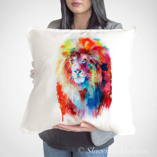 Lion Throw Pillow Cover By Slaveika Aladjova, Cushion Cover, Decorative Pillow Cover, Animal Art, Watercolor Pillow, Christmas Gift - image 1