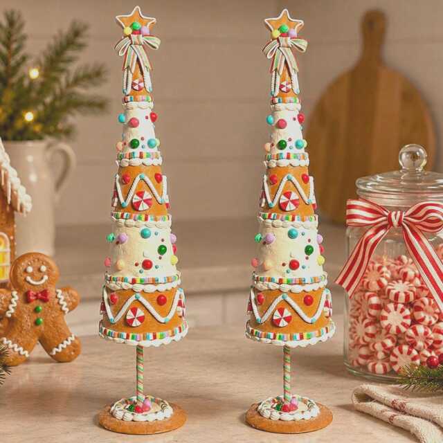 Set Of X 2 Whimsical Resin Gingerbread Christmas Tree 66 cm Tall , Table Scape Mantel Decor Centrepiece - image 1