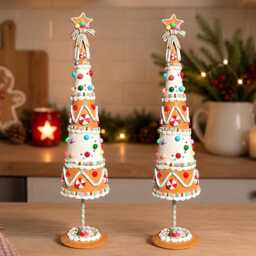 Set Of X 2 Whimsical Resin Gingerbread Christmas Tree 66 cm Tall , Table Scape Mantel Decor Centrepiece - thumbnail 4