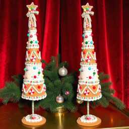 Set Of X 2 Whimsical Resin Gingerbread Christmas Tree 66 cm Tall , Table Scape Mantel Decor Centrepiece - thumbnail 3