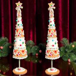 Set Of X 2 Whimsical Resin Gingerbread Christmas Tree 66 cm Tall , Table Scape Mantel Decor Centrepiece - thumbnail 2