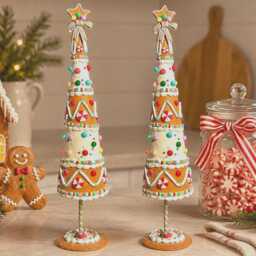 Set Of X 2 Whimsical Resin Gingerbread Christmas Tree 66 cm Tall , Table Scape Mantel Decor Centrepiece