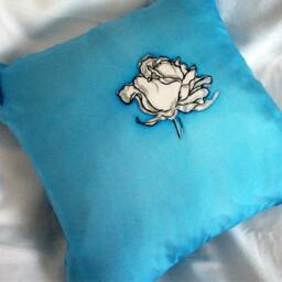 Hand-Painted Silk Cushion Cover. Turquoise Blue Rose Pillow. Anniversary Gift - thumbnail 2