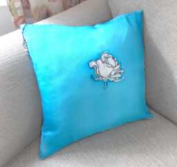 Hand-Painted Silk Cushion Cover. Turquoise Blue Rose Pillow. Anniversary Gift