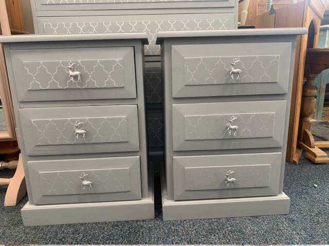 Pair Of Bedside Tables Painted Bespoke Moroccan Geometric Art Deco Gold Leaf Bee Elephant Handles Stencilled - image 1