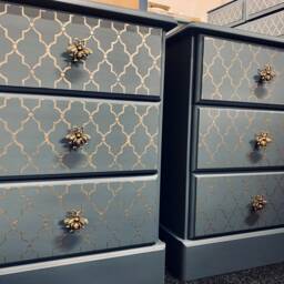 Pair Of Bedside Tables Painted Bespoke Moroccan Geometric Art Deco Gold Leaf Bee Elephant Handles Stencilled - thumbnail 3