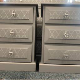 Pair Of Bedside Tables Painted Bespoke Moroccan Geometric Art Deco Gold Leaf Bee Elephant Handles Stencilled - thumbnail 2