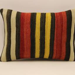 Vintage Kilim Lumbar Pillow Cover, Striped Wool Boho Cushion - 14x20 In - thumbnail 2