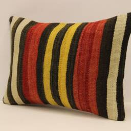 Vintage Kilim Lumbar Pillow Cover, Striped Wool Boho Cushion - 14x20 In - thumbnail 3