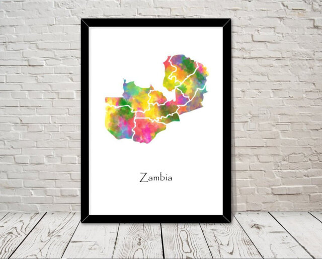 Zambia Art Watercolour Illustration Map Abstract Print Wall Home Decor Giclee Print Office Living Room
