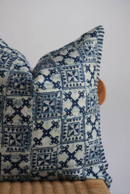 "Vintage Hmong Pillow Cover Blue Indigo Hemp, Embroidered Tribal Design - 22"" X 22" - image 1