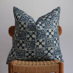 "Vintage Hmong Pillow Cover Blue Indigo Hemp, Embroidered Tribal Design - 22"" X 22" - thumbnail 2