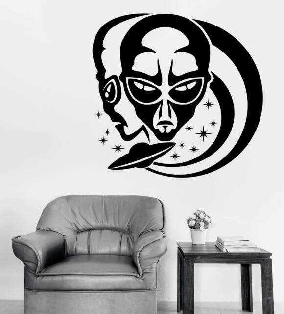 Wall Vinyl Decal Aliens On Background Stars & Flying Saucer Decor For Living Room(#2668Dn - image 1