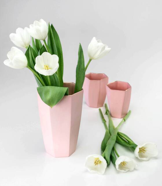 Geometric Minimalist Pink Porcelain Vase.handmade Contemporary Ceramic Vase. Pink&gold. Wedding Delicate Clay Vase Design By Conceptstudio - image 1