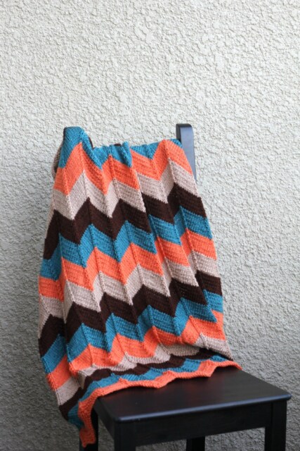 Hand-Knitted Chevron Baby Blanket Teal, Beige, Brown, & Orange - image 1