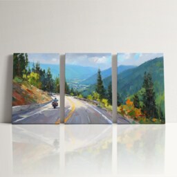 Motorcycle Mountain Pass 3 Panel Split Canvas Wall Art, Scenic Road & Sky Oil Painting Framed Home Biker Adventure Decor Gift - thumbnail 3