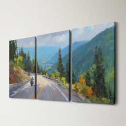 Motorcycle Mountain Pass 3 Panel Split Canvas Wall Art, Scenic Road & Sky Oil Painting Framed Home Biker Adventure Decor Gift - thumbnail 1