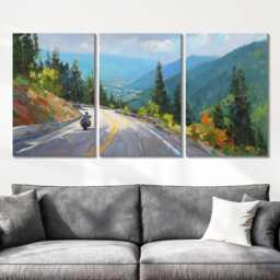 Motorcycle Mountain Pass 3 Panel Split Canvas Wall Art, Scenic Road & Sky Oil Painting Framed Home Biker Adventure Decor Gift - thumbnail 2