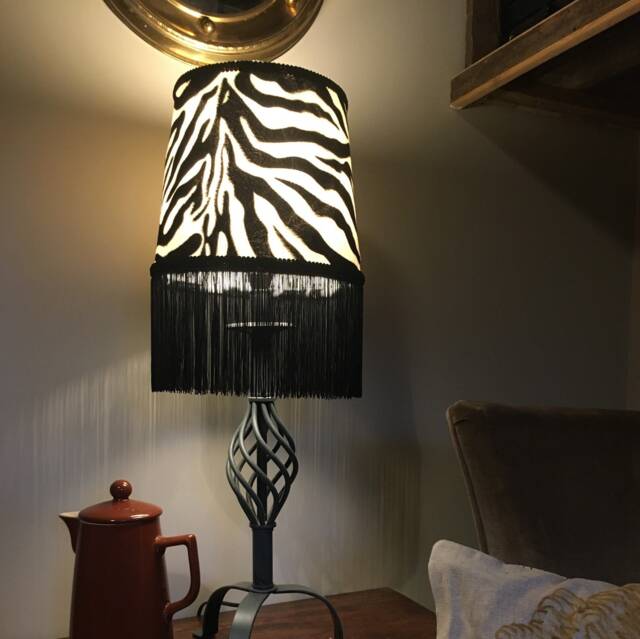 Zebra Print Velboa Empire Lampshade, Faux Fur, Black Fringe Braid - image 1