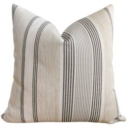 Vintage Grain Sack - Striped Linen Pillow Cover, Textured Cream & Black Farmhouse Hackner Home - thumbnail 1