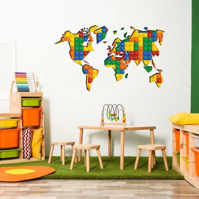 Kids World Map Wall Decal Building Blocks Style, Playroom Decor, Educational Sticker, Nursery Art, Skubrickwomast - image 1