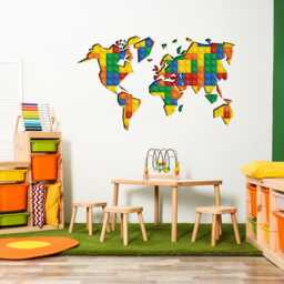 Kids World Map Wall Decal Building Blocks Style, Playroom Decor, Educational Sticker, Nursery Art, Skubrickwomast - thumbnail 1