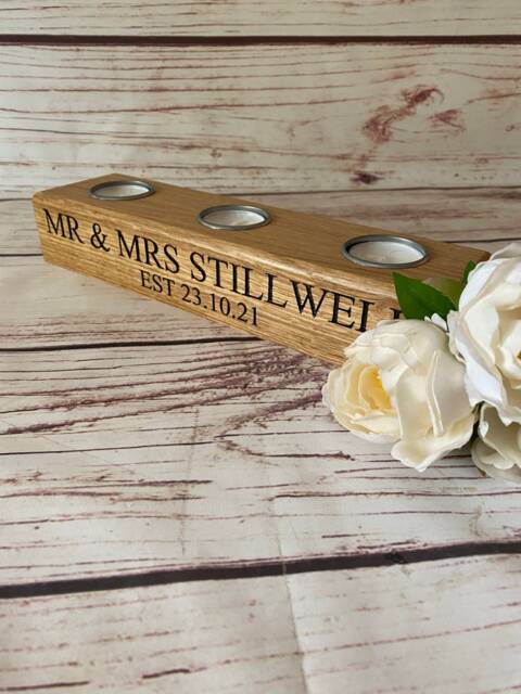 Personlised Engraved Oak Triple Tea Light Holder - image 1
