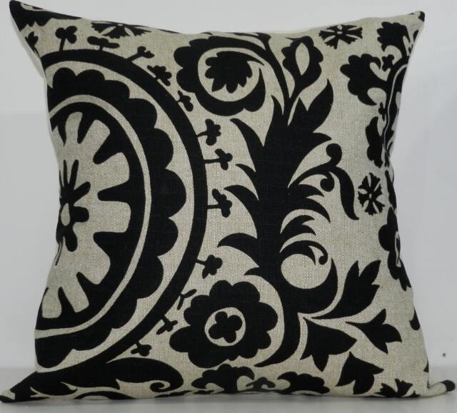 New 18x18 Inch Designer Handmade Pillow Case. Suzani Print in Black