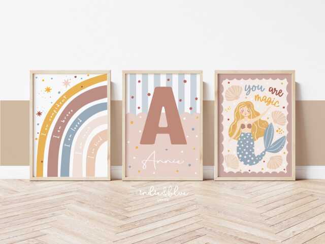 Set Of 3 Personalised Rainbow & Mermaid Prints in Pastel, Ocean Nursery Prints, Girl Bedroom Decor, Teen Art Prints - image 1