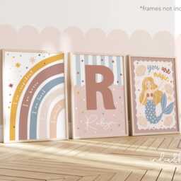 Set Of 3 Personalised Rainbow & Mermaid Prints in Pastel, Ocean Nursery Prints, Girl Bedroom Decor, Teen Art Prints - thumbnail 2