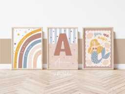 Set Of 3 Personalised Rainbow & Mermaid Prints in Pastel, Ocean Nursery Prints, Girl Bedroom Decor, Teen Art Prints - thumbnail 1