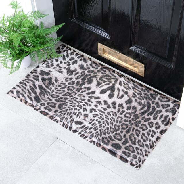 Grey Leopard Print Doormat - Layering Rug Cheetah Mat Animal 100% Recycled PVC - image 1