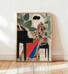 Piano Wall Art, Modern Figurative Poster, Elegant Woman Print, Floral Kimono Artwork, Contemporary Music Room Decor, Stylish Home Art - thumbnail 1