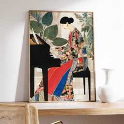 Piano Wall Art, Modern Figurative Poster, Elegant Woman Print, Floral Kimono Artwork, Contemporary Music Room Decor, Stylish Home Art - thumbnail 2