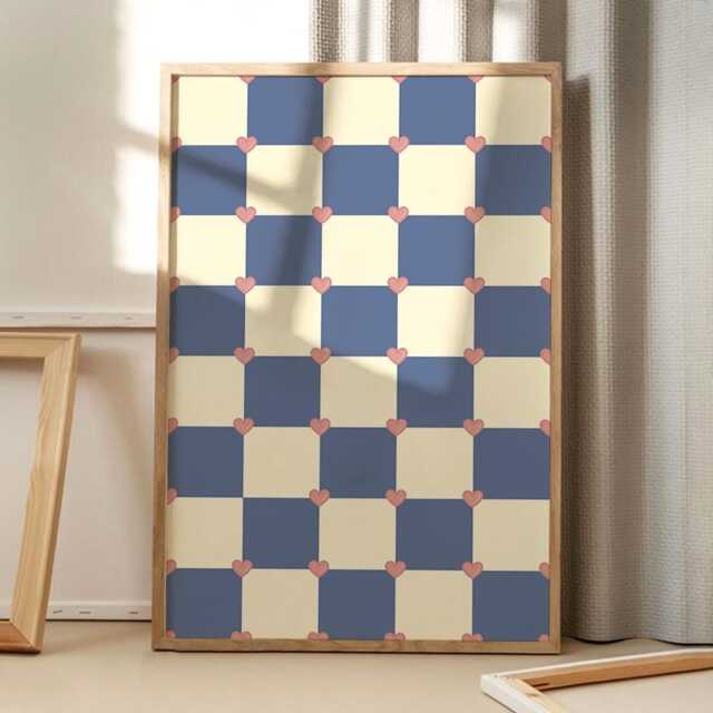Blue Checkered Heart Shaped Love Art Canvas Poster, Trendy Wall Art, Apartment Aesthetic Decor, Retro Home Printed Gift - image 1