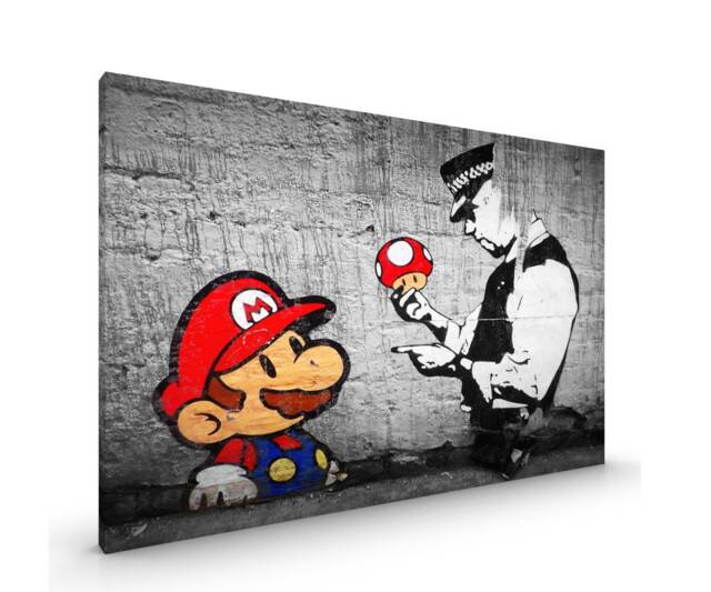 Mario & Cop Banksy Graffiti Art Canvas Or Poster Print Glossy in Various Sizes - image 1