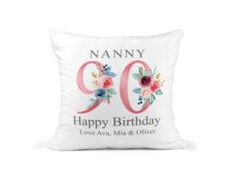 90Th Birthday Gift For Women, Personalised Cushion/Pillow Nanny With Kids Names, Floral Design, Grandma, Gran, 1931 - thumbnail 1