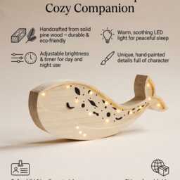 Wooden Whale Lamp, Led Ocean Theme Night Light, Eco Friendly Handmade Personalized Nursery Wall Decor, Kids Toddler Bedroom Baby Shower Gift - thumbnail 2