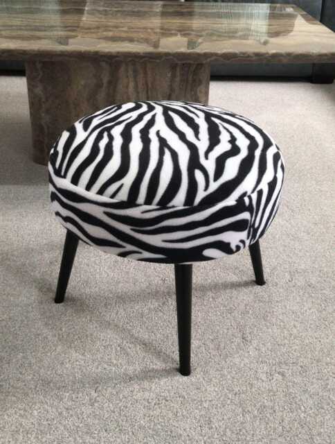 Handmade Zebra Print Footstool - Round Ottoman With Black Metal Legs - image 1