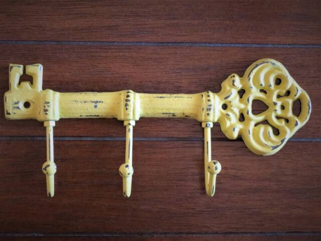 Vintage Key Holder Rack Distressed Lemon Yellow, Shabby Chic Wall Decor - image 1