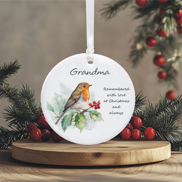 Personalised Memorial Christmas Tree Decoration, Remembered With Love At Christmas, in Loving Memory Robin Bauble - image 1