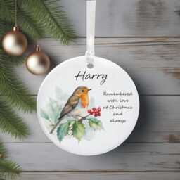 Personalised Memorial Christmas Tree Decoration, Remembered With Love At Christmas, in Loving Memory Robin Bauble - thumbnail 3