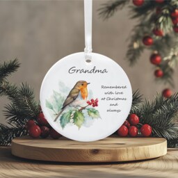 Personalised Memorial Christmas Tree Decoration, Remembered With Love At Christmas, in Loving Memory Robin Bauble