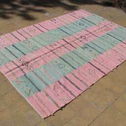 Unique Kilim Rug , Pink Turkish Rug, Pink Ponpon Rug, Anatolia Wool & Green Handmade Rug, Bohemian Rug, 6.1x9.4 Ft - thumbnail 2