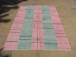 Unique Kilim Rug , Pink Turkish Rug, Pink Ponpon Rug, Anatolia Wool & Green Handmade Rug, Bohemian Rug, 6.1x9.4 Ft - thumbnail 1